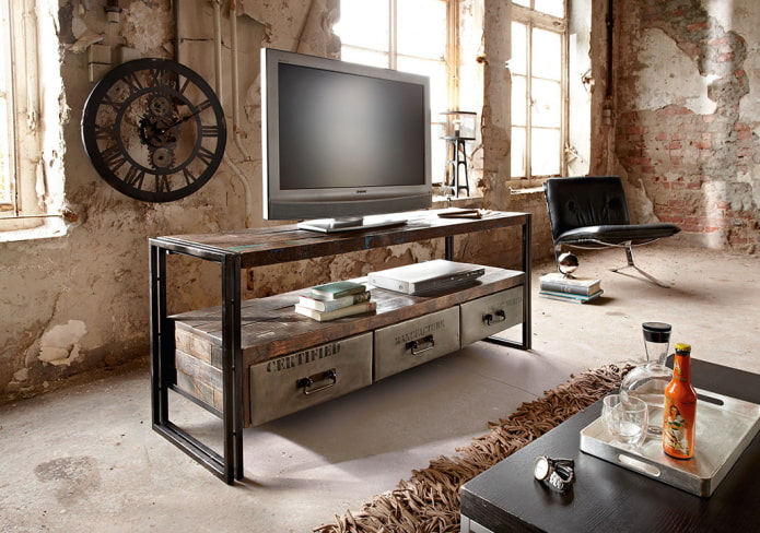 TV stand in the interior in the loft style
