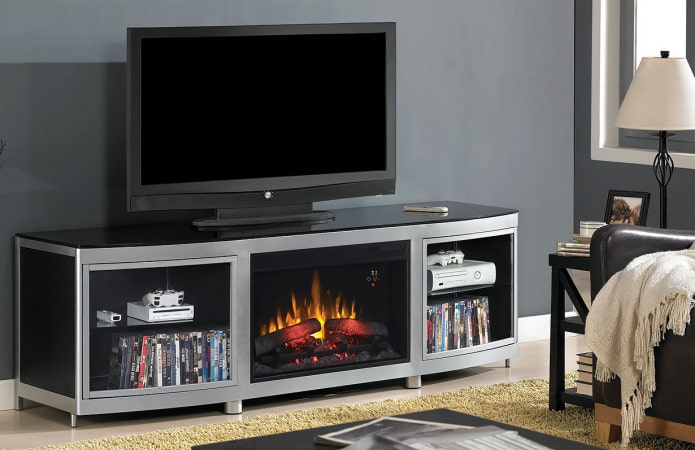 wall-mounted TV stand with an electric fireplace in the interior