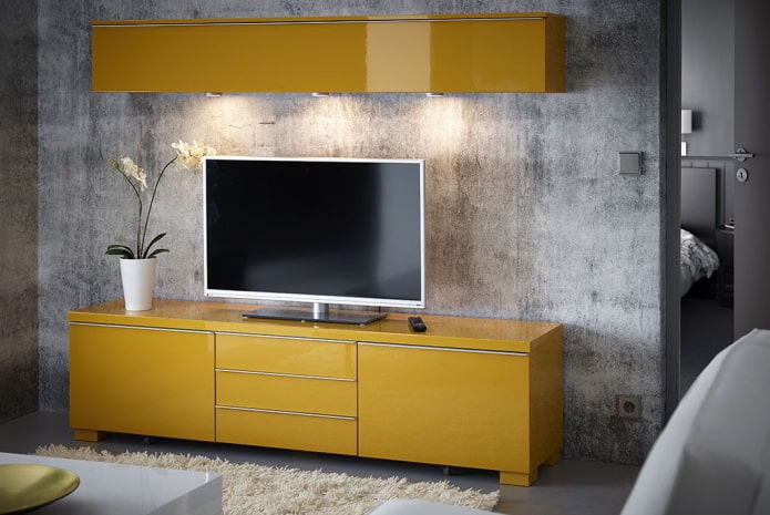 stand under yellow tv in the interior