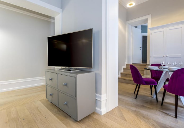gray TV stand in the interior