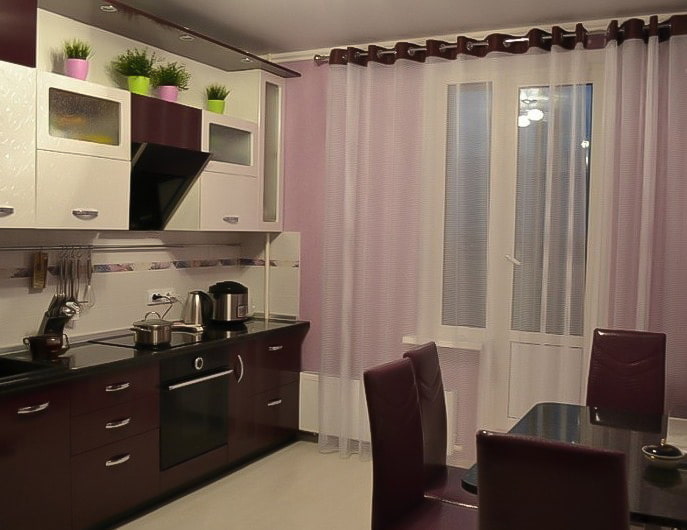 beautiful white curtains in the kitchen with a brown top