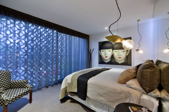 long curtains in the bedroom interior