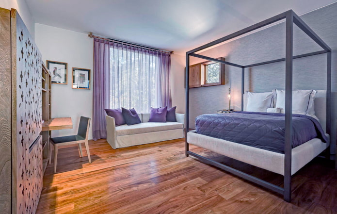 lilac curtains in the bedroom interior