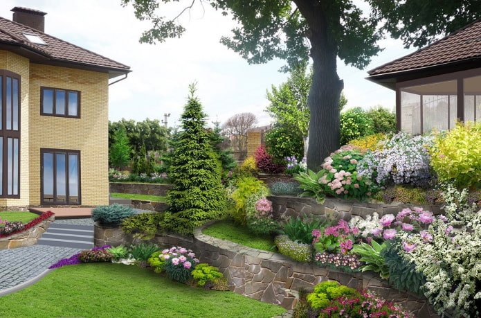 multi-tiered flower garden near a country house