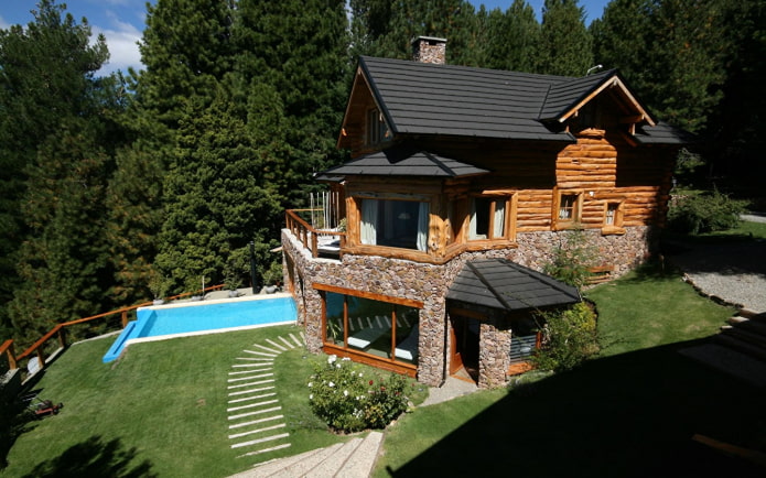 wooden house with a pool in a lowland