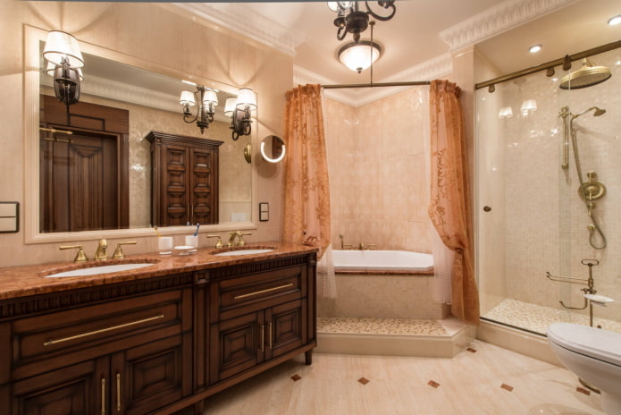 Bathtub with shower, protected by curtains