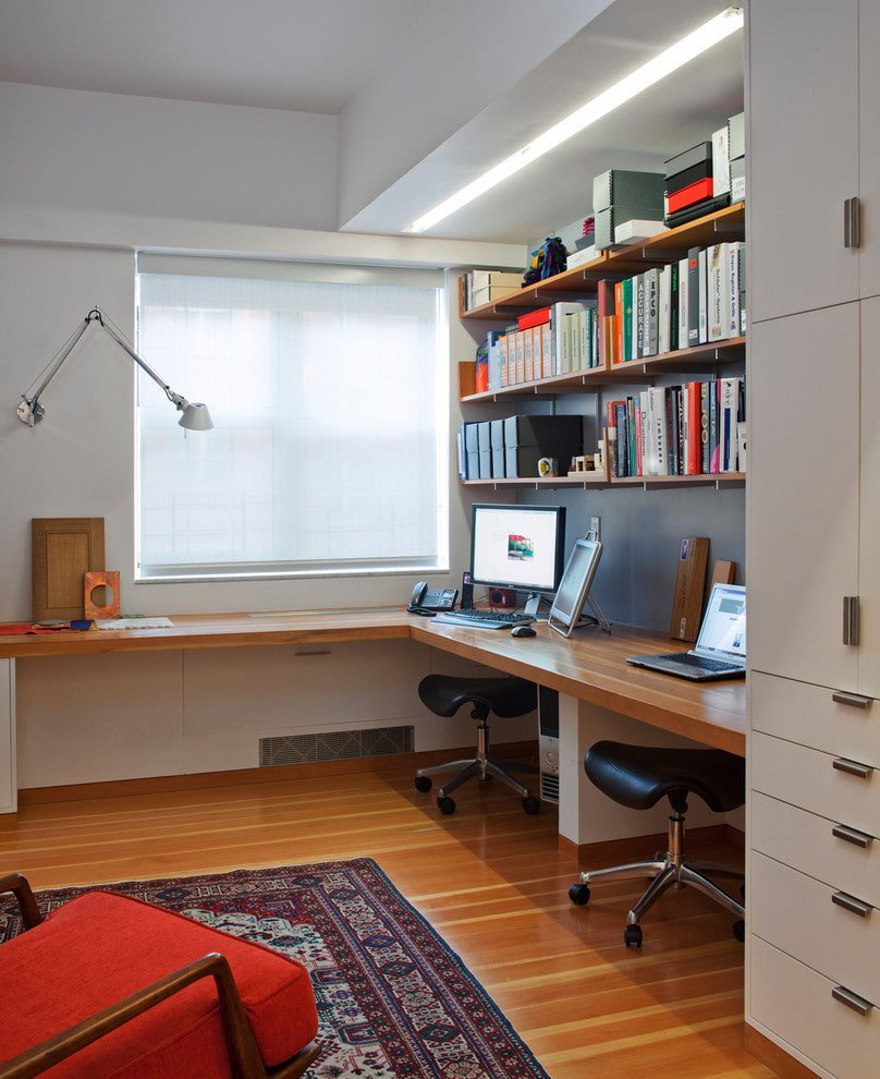 wooden tabletop with two work areas