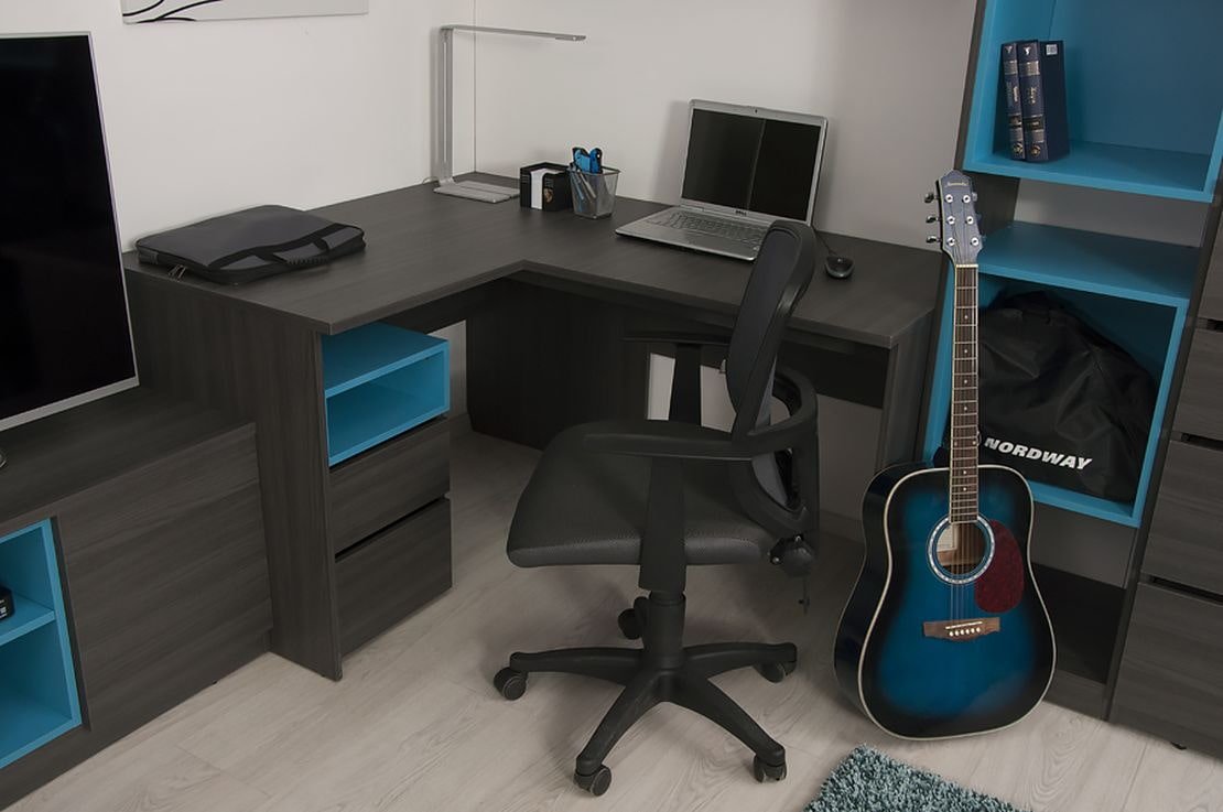 black corner computer desk with blue inserts
