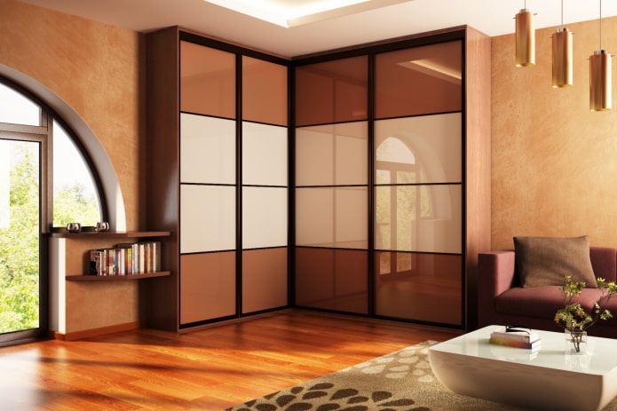 design of a corner wardrobe in the interior of the hall