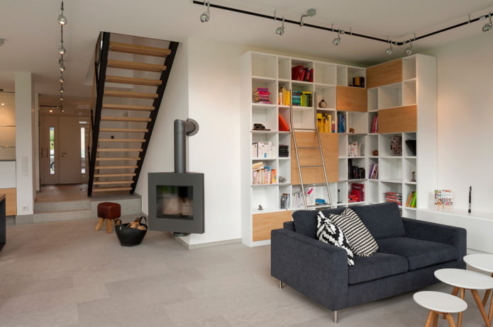 corner bookcase in the living room interior