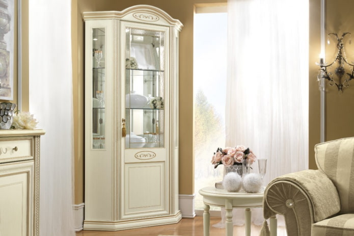 corner display cabinet in the interior of the hall