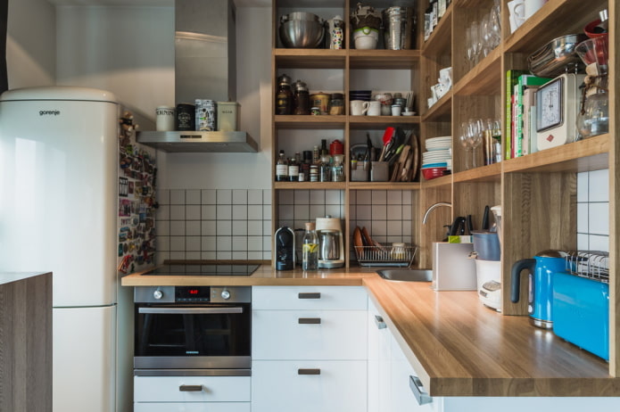storage systems in the interior of the kitchen in the shape of a corner