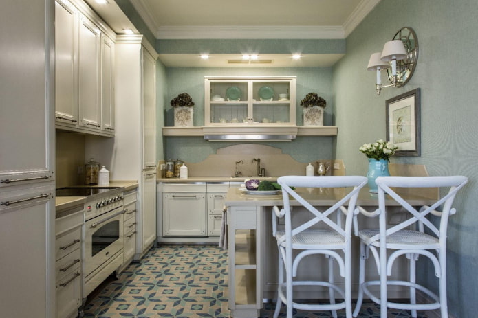 corner-shaped kitchen in Provence style