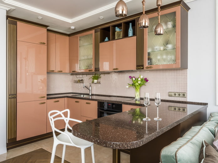 corner kitchen with a bar counter