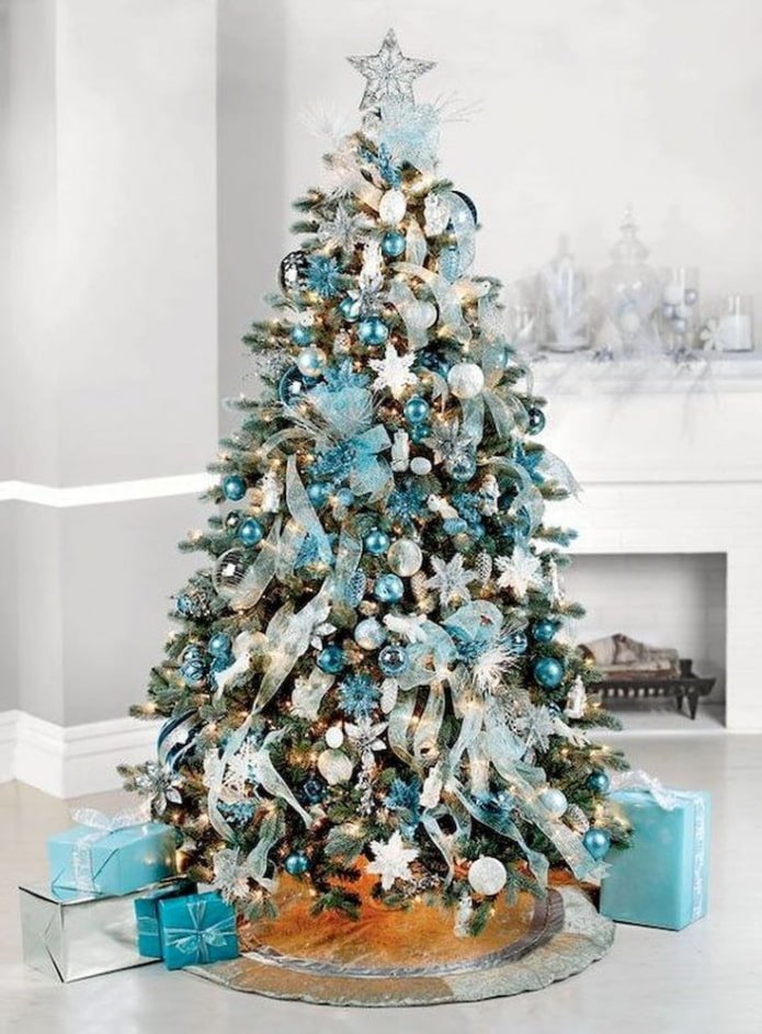 Blue decorations and warm lights