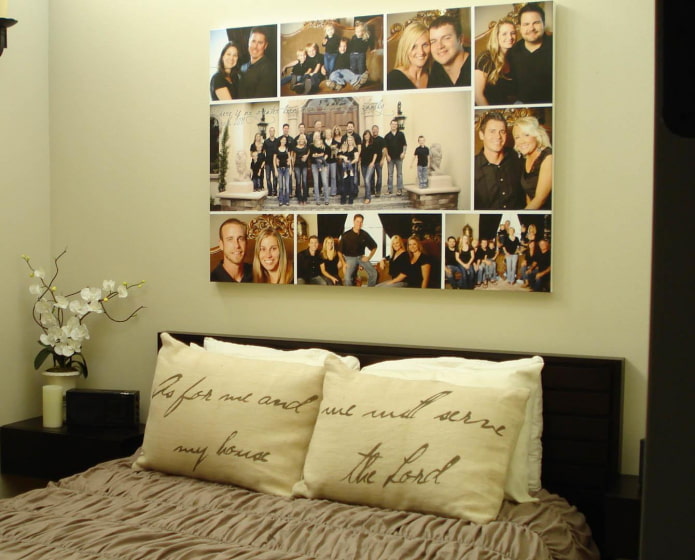 family photos at the head of the bed