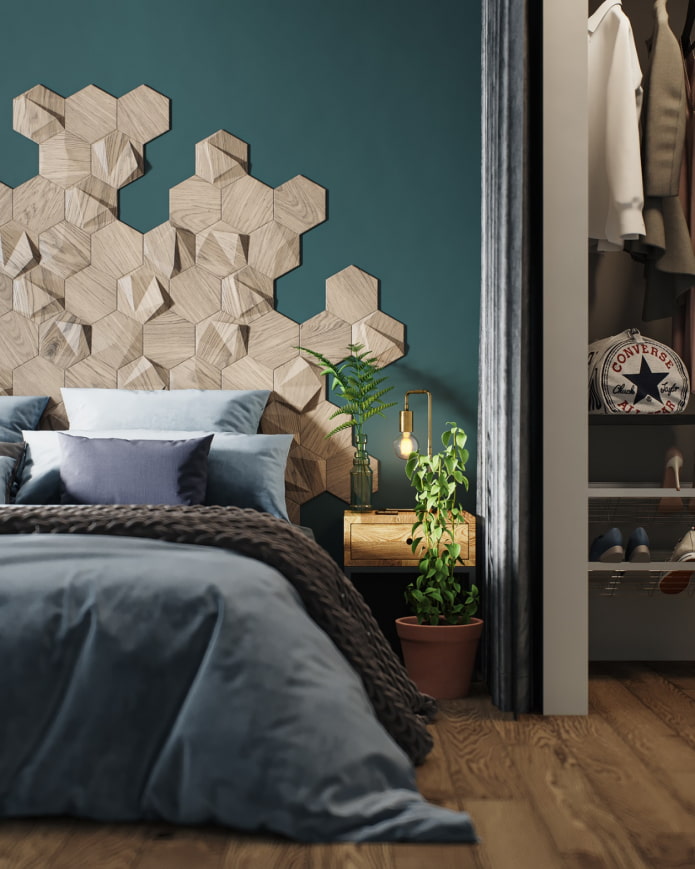 wooden honeycomb at the head of the bed