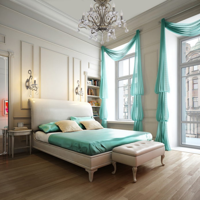 turquoise tulle in the color of the bedspread and pillows