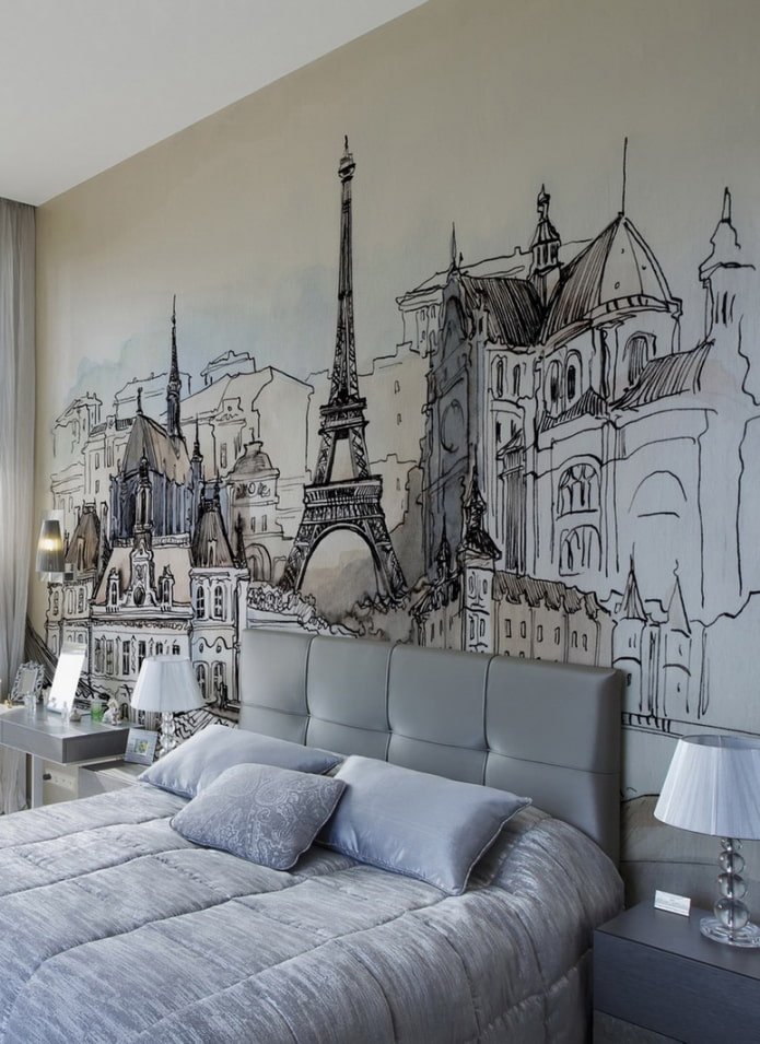 Parisian-themed wall painting in the bedroom