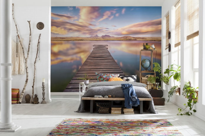 stereoscopic wallpaper with a view of the pier in the bedroom