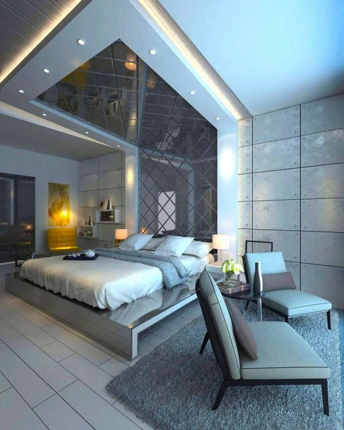 mirror ceiling with lighting above the bed