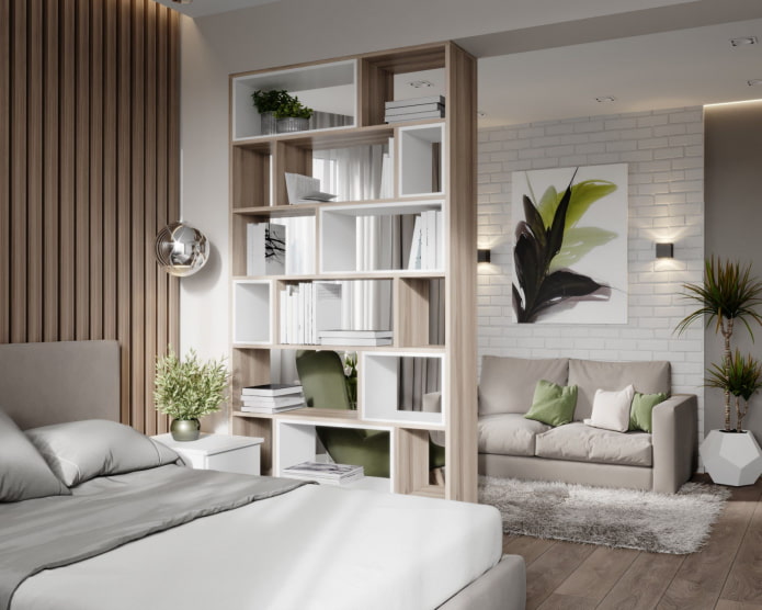 a shelf-partition in the bedroom