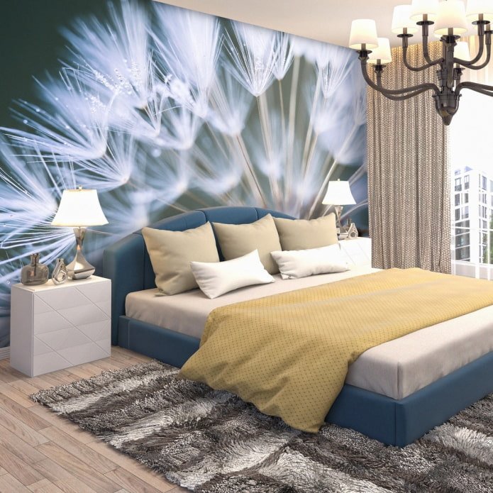 3D wallpaper with a dandelion above the bed