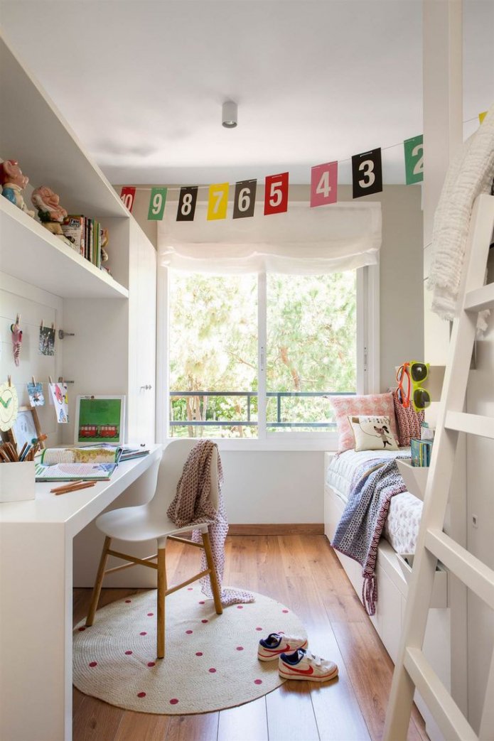 narrow children's room in white