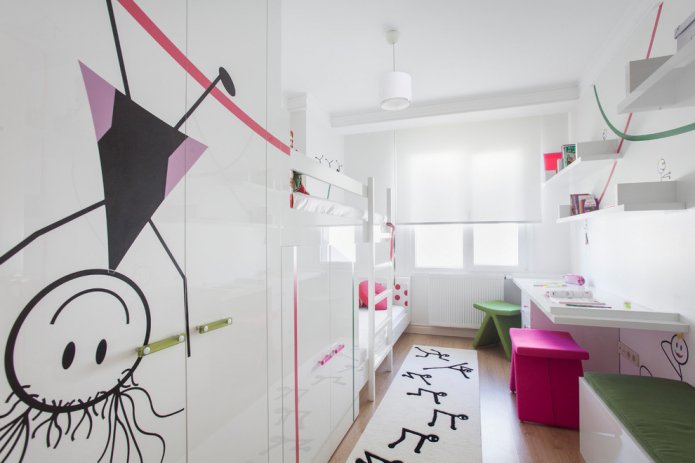 built-in wardrobe and two beds along the entire length of the room