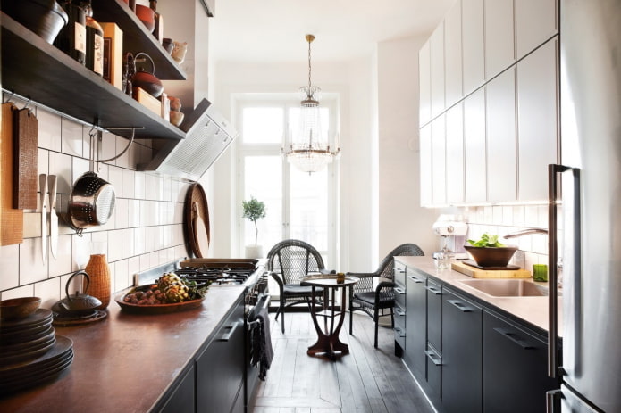 furniture in a long kitchen