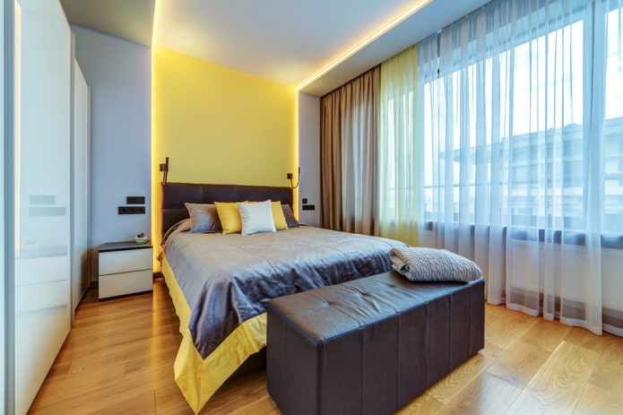 curtains in the interior of a narrow bedroom