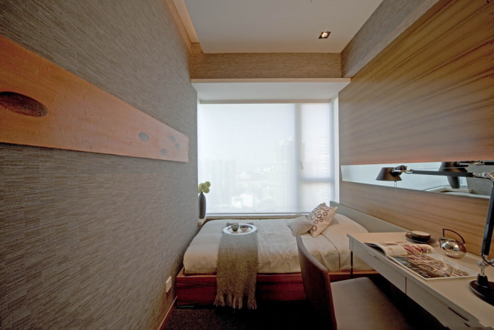wallpaper in the interior of a narrow bedroom