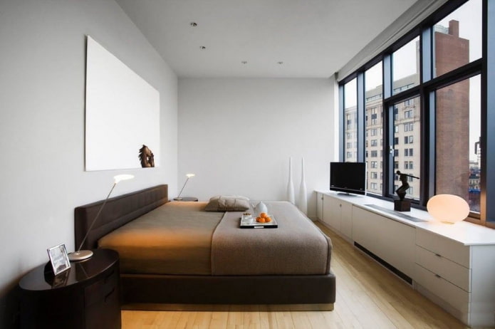 narrow bedroom room in minimalist style