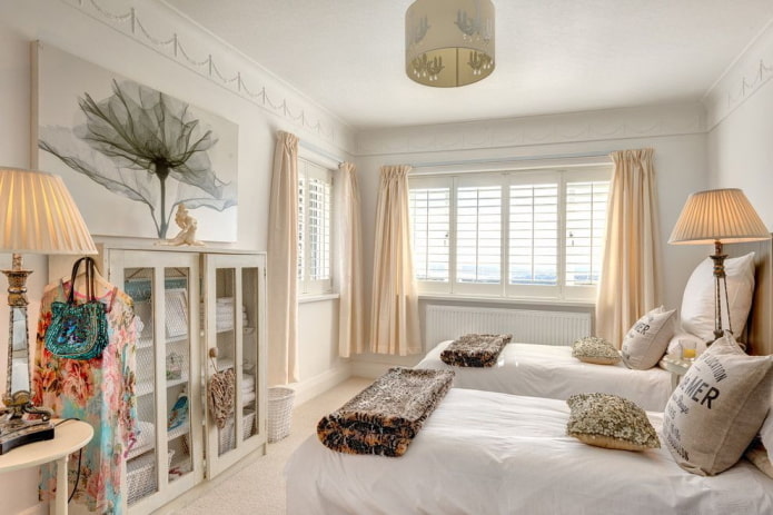 narrow bedroom room in shabby chic style