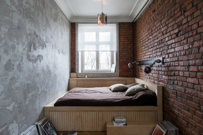 curtains in the interior of a narrow bedroom
