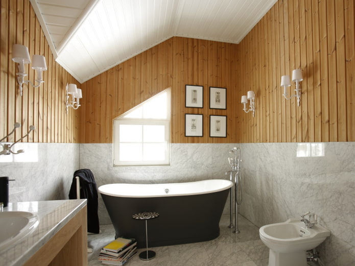 marble and wood in the bathroom