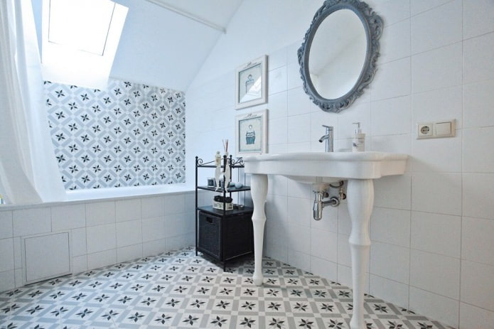 light gray bathroom interior with patterned tiles
