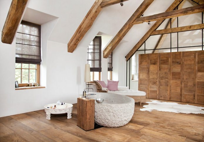 attic bathroom in white and brown tones