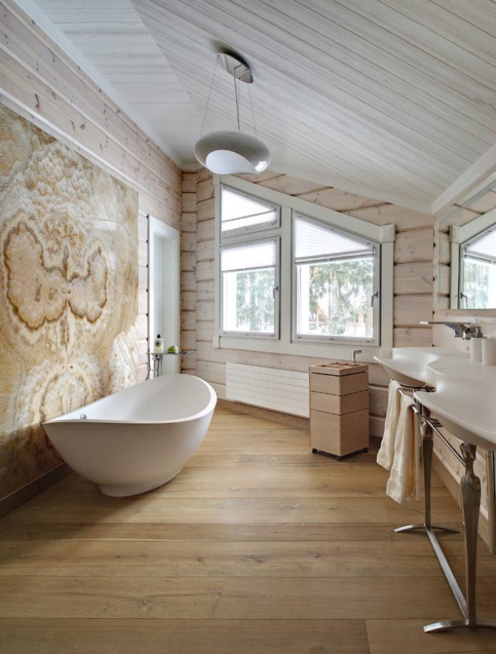 attic bathroom in brown and beige tones