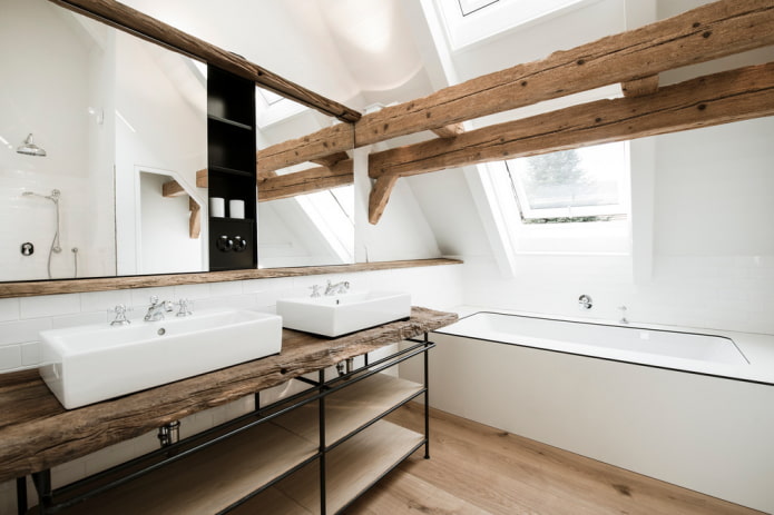 Imitation board on the floor, white walls, beams