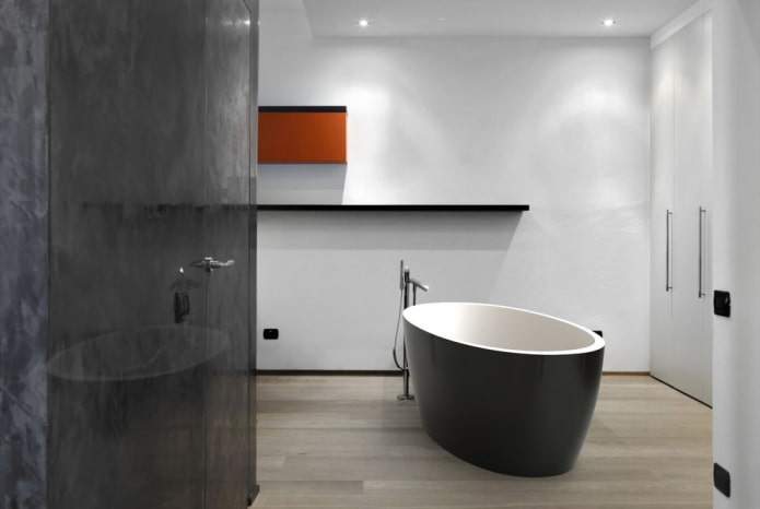 spacious black and white bathroom