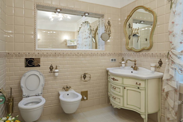 Toilet and bidet in a bathroom in the Provence style