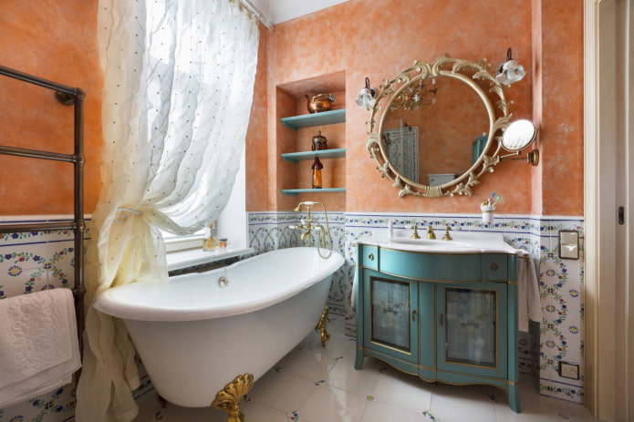 Carved mirror, lace curtain