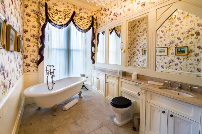 Provence style bathroom with a high window