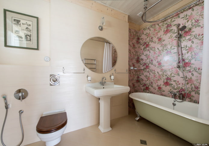Patterned accent wall in the bathroom
