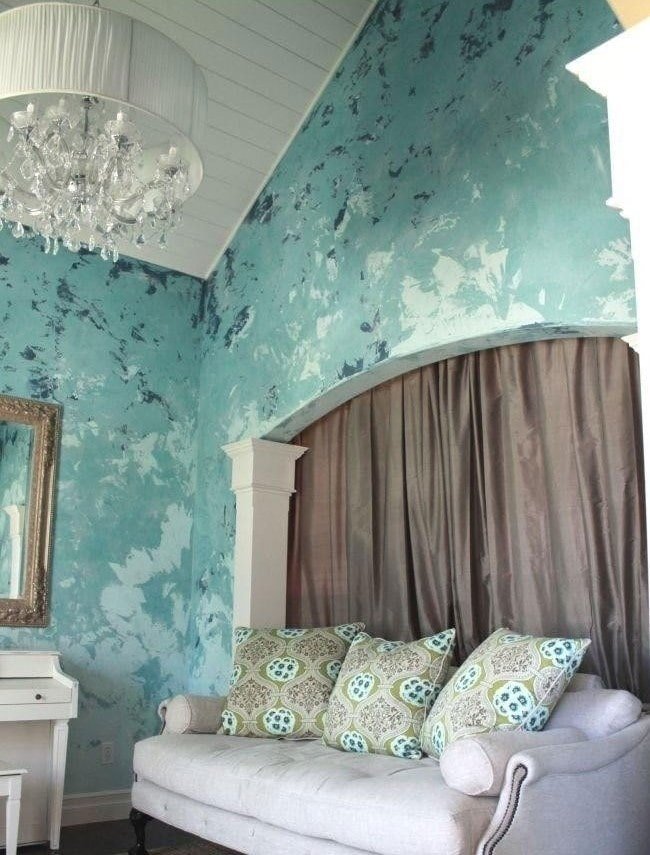 Venetian decorative plaster of turquoise color
