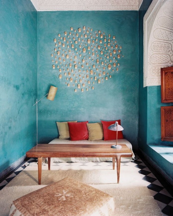 Venetian decorative plaster of turquoise color