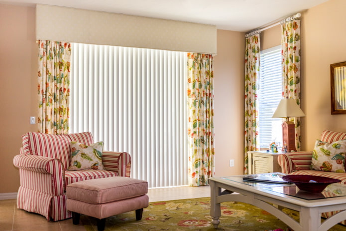 a combination of vertical slats with curtains