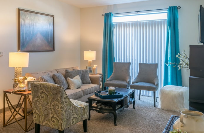 a combination of vertical slats with curtains