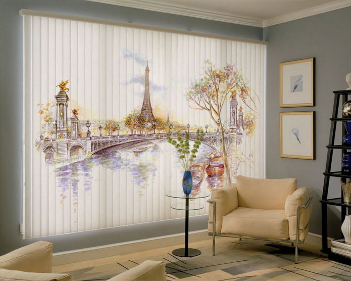 blinds with a city landscape in the living room interior